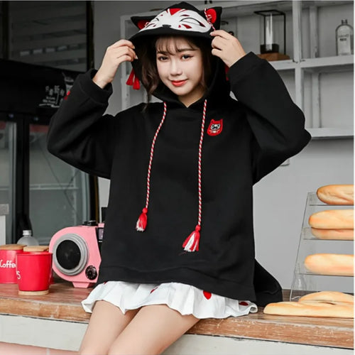 Load image into Gallery viewer, Women Harajuku Embroidery Hooded Sweatshirts Long Sleeve Black White Drawstring Hoodies 2023 Sweet Girls&#39; Pullovers
