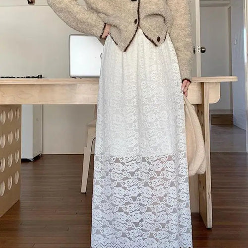 Load image into Gallery viewer, Autumn Winter Vintage White Lace Pleated A-line Split Skirt New Women Black Elegant High Waist Vacation Party Half Long Skirts
