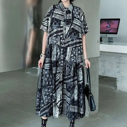 Load image into Gallery viewer, Women Black Pattern Printed Big Size Mesh Midi Shirt Dress New Lapel Short Sleeve Fashion Tide Spring Summer 2025 1DJ0636
