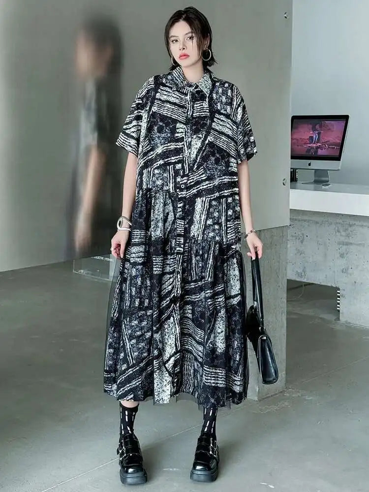 Women Black Pattern Printed Big Size Mesh Midi Shirt Dress New Lapel Short Sleeve Fashion Tide Spring Summer 2025 1DJ0636