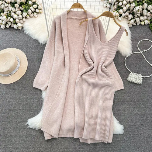 Load image into Gallery viewer, Autumn Thick Warm Solid Knitted Suit 2023 Stripe V Neck Vest Dress+ Loose Long Cardigans Sweater Home Wear Casual Two Pieces Set
