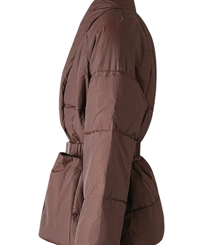 Brown Belted Big Size Keep Warm Cotton-padded Coat Long Sleeve Women Parkas Fashion Tide New Autumn Winter 2025 2Z2885