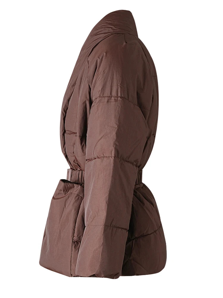 Brown Belted Big Size Keep Warm Cotton-padded Coat Long Sleeve Women Parkas Fashion Tide New Autumn Winter 2025 2Z2885