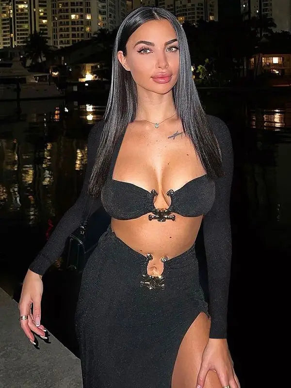 Sexy Strapless Crop Tube Top High Waist Slit Maxi Dress 2 Pcs Suits 2023 Fall Women Fashion Streetwear Vestido Y2K