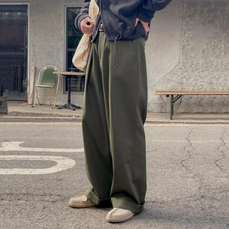 Korean Style Loose Men's Casual Pants Straight Wide Leg Solid Color Male Trousers Zippers Stylish Summer 9C6234