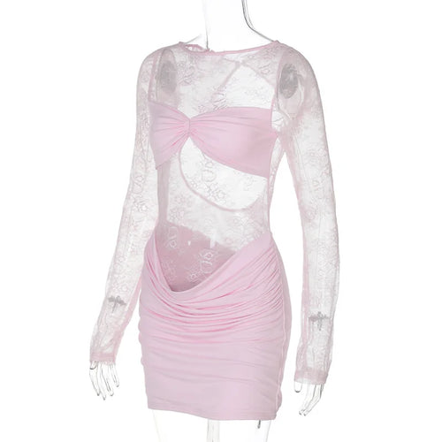Load image into Gallery viewer, Lace See Through Ruched Sexy Mini Dress Women Elegant Patchwork Long Sleeve Strapless Backless Club Party Dress Female

