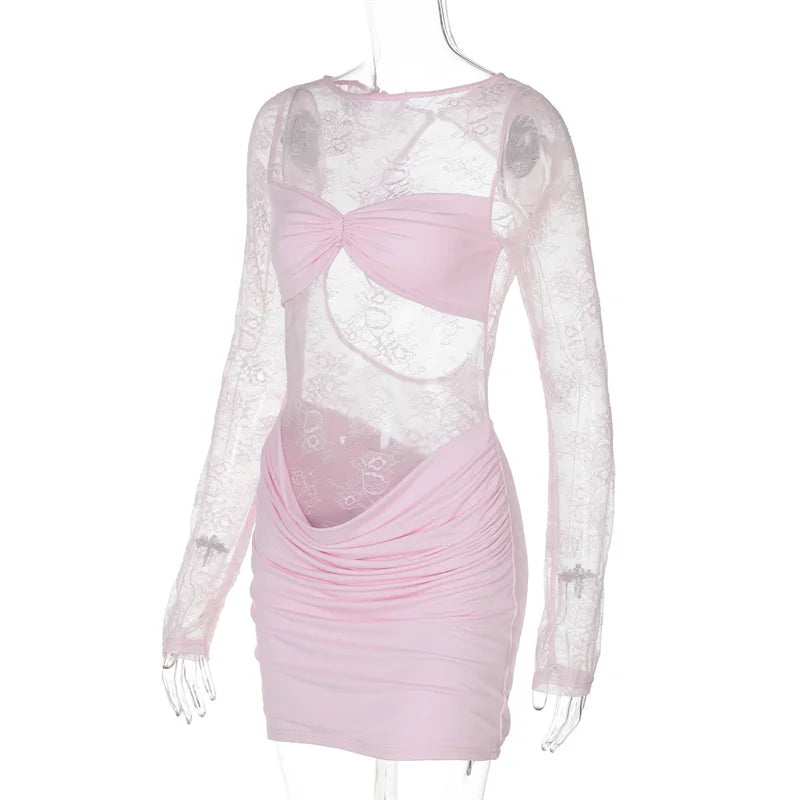 Lace See Through Ruched Sexy Mini Dress Women Elegant Patchwork Long Sleeve Strapless Backless Club Party Dress Female