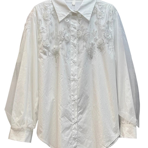 Load image into Gallery viewer, Solid Spliced Diamonds Loose Chic Blouse For Women Lapel Long Sleeve Temperament Shirts Female Fashion Style New
