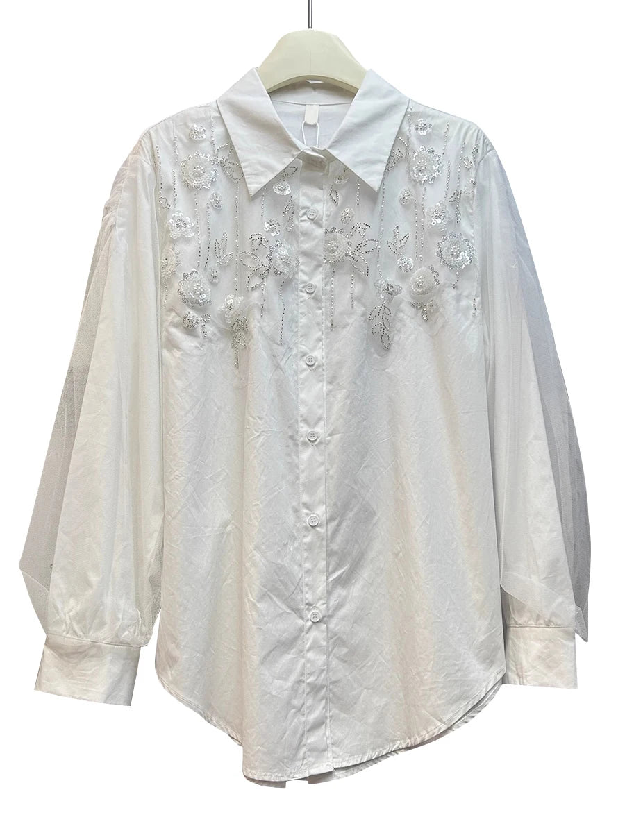 Solid Spliced Diamonds Loose Chic Blouse For Women Lapel Long Sleeve Temperament Shirts Female Fashion Style New