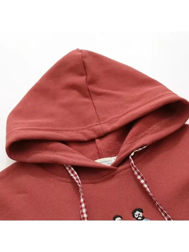 Cartoon Embroidery Women Hoodies Sweatshirts Cotton Sudaderas Mujer Long Sleeve Pocket Drawstring Hooded Pullover Tracksuit