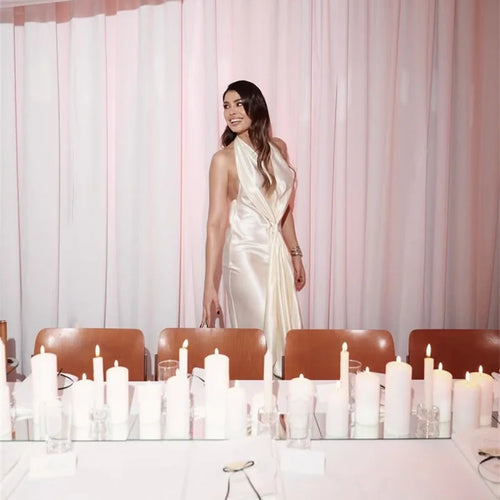 Load image into Gallery viewer, Satin Deep V Neck Backless Sexy Maxi Dress Women Elegant Halter Sleeveless Lace-up High Waist Draped Ruched Long Dress
