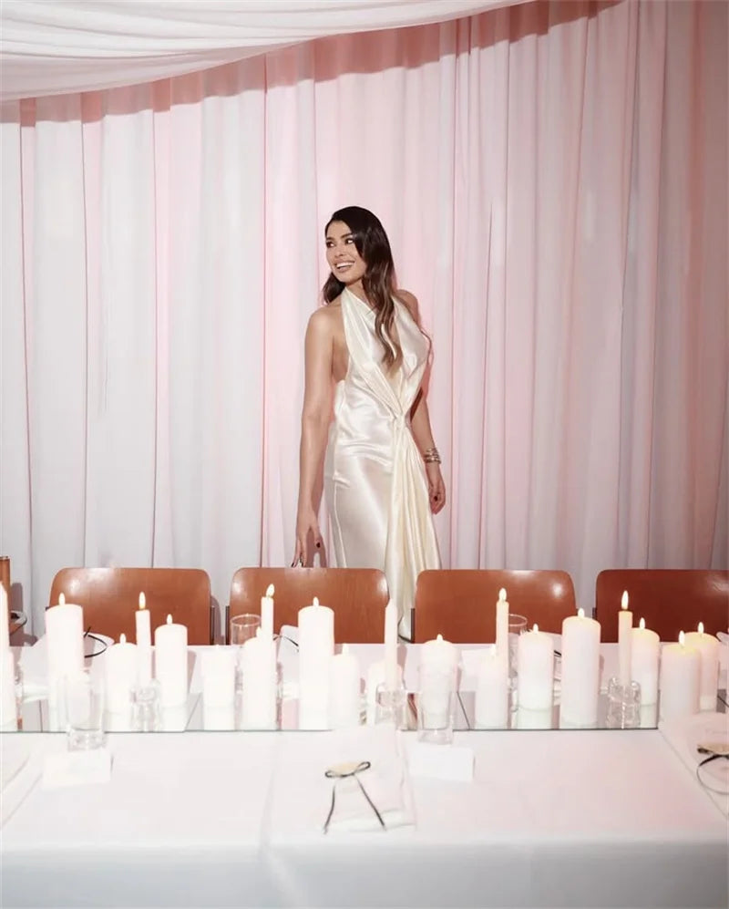 Satin Deep V Neck Backless Sexy Maxi Dress Women Elegant Halter Sleeveless Lace-up High Waist Draped Ruched Long Dress