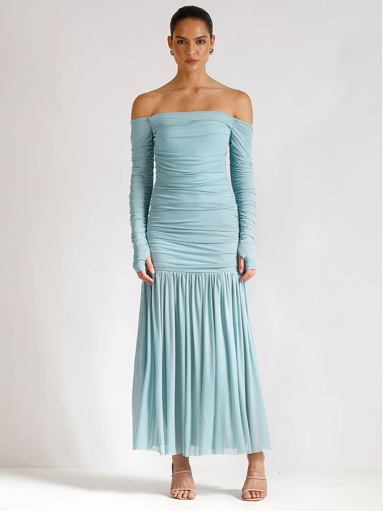 Off-shoulder Strapless Sexy Maxi Dress Women Summer New Patchwork Backless Long Sleeve Pleated Long Dress Elegant