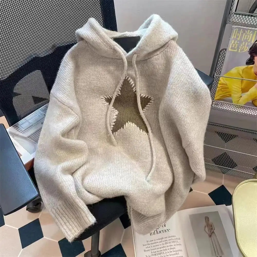 Korean Version Beige Gray Patchwork Drawstring Hoodie Sweater For Women Autumn Winter Thick Long Sleeved Knitted Pullover Tops