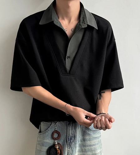 Men's Short Sleeve T-shirts New Summer Turn-down Collar Loose Patchwork Male Top Personality Pullover Menwear 9W1564