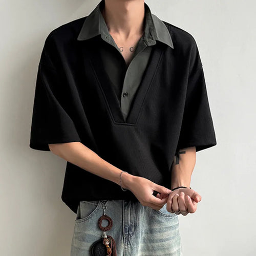 Load image into Gallery viewer, Men's Short Sleeve T-shirts New Summer Turn-down Collar Loose Patchwork Male Top Personality Pullover Menwear 9W1564
