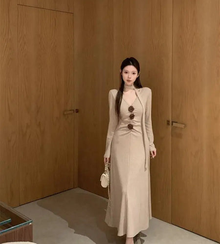 Autumn Winter 2024 New Retro Black Grey V-neck Flower Decoration Elegant Party Dress For Women Khaki Long Sleeve Pleated Dresses