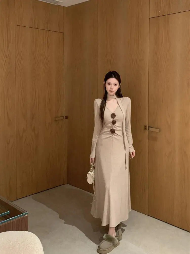 Autumn Winter 2024 New Retro Black Grey V-neck Flower Decoration Elegant Party Dress For Women Khaki Long Sleeve Pleated Dresses