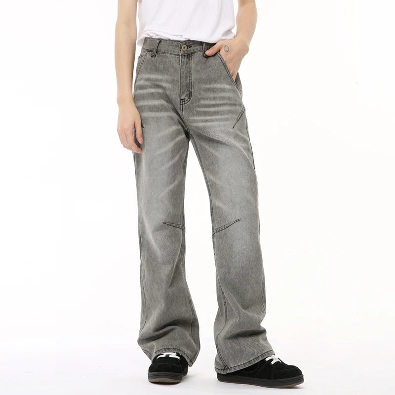 Male Gray Denim Pants New American Style Washed Texture Patchwork Straight Wide Leg Loose Jeans Summer Trendy 9C6678