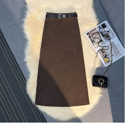 Load image into Gallery viewer, Women's Solid Elegant Office Lady Knitted Long Skirt Retro High Waist Party Wrap Hip Pleated Skirt 2024 Autumn Winter Simplicity
