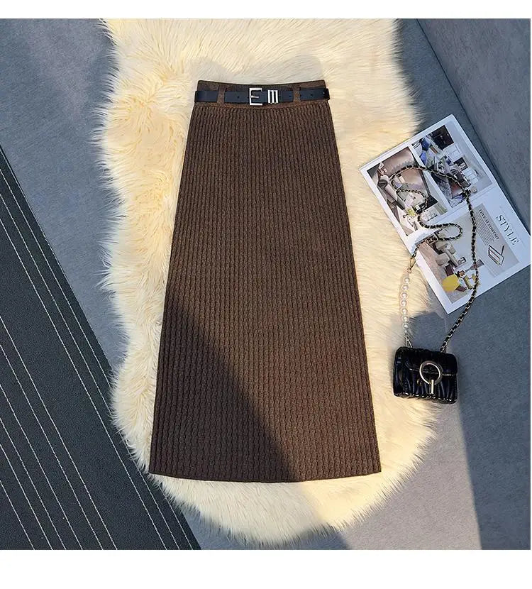 Women's Solid Elegant Office Lady Knitted Long Skirt Retro High Waist Party Wrap Hip Pleated Skirt 2024 Autumn Winter Simplicity