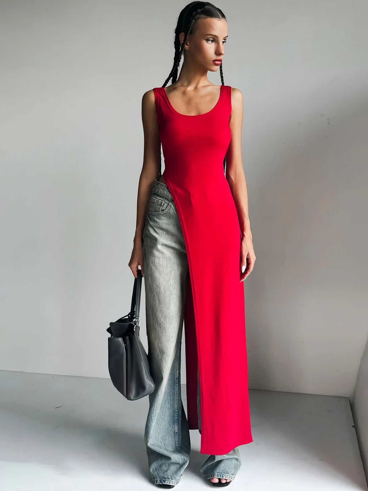 Fashion Solid Square Collar Straps Backless Slit Sexy Bodycon Maxi Dress Summer Women Y2K New Outfits Party Vacation