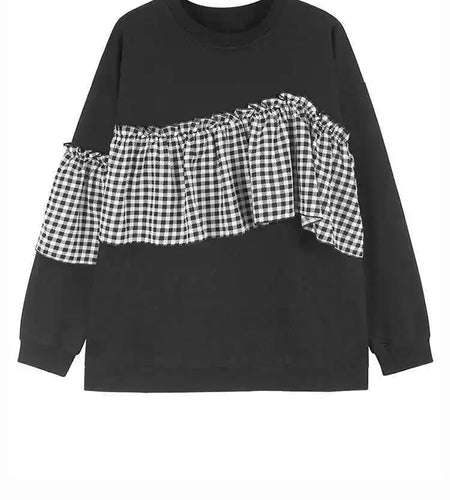 Black Plaid Ruffles Casual Sweatshirt New Round Neck Long Sleeve Women Big Size Fashion Tide Spring Autumn 2025 1DH7621
