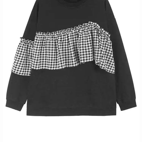 Load image into Gallery viewer, Black Plaid Ruffles Casual Sweatshirt New Round Neck Long Sleeve Women Big Size Fashion Tide Spring Autumn 2025 1DH7621
