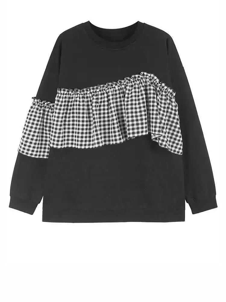 Black Plaid Ruffles Casual Sweatshirt New Round Neck Long Sleeve Women Big Size Fashion Tide Spring Autumn 2025 1DH7621