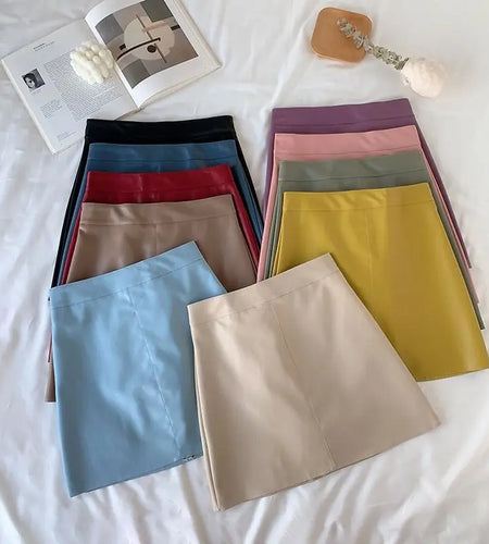 Solid Zipper Wrap Hip Leather Skirt Autumn Winter New Korean High Waist Mini Skirt Female Chic Sexy Club A-line Pu Skirts Women