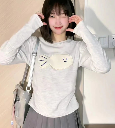 Cute Embroidery Woman Tshirts Crop Tops Fashion Korean Camisetas Slim Waist Long Sleeve Tees 2024 Ropa Mujer Casual Y2k T Shirt