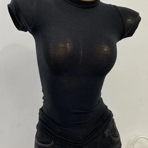 Load image into Gallery viewer, Half-high Collar T-shirt korean Transparent Short-sleeved Slim-fit Elastic Solid Inner Bottoming Shirt Sexy Big Chest T-shirt
