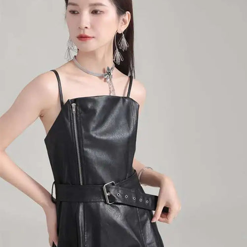 Load image into Gallery viewer, Women Black Pu Leather Belted Long A-line Dress New V-Neck Sleeveless Loose Fit Fashion Tide Spring Autumn 2025 1DH2000
