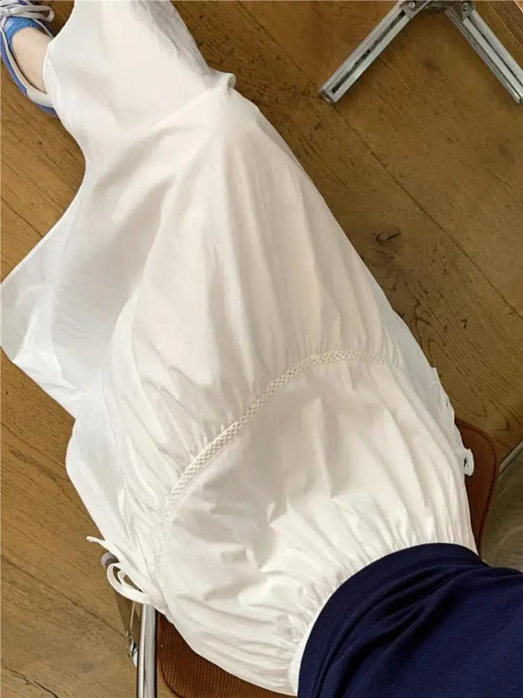 Vintage White Elastic High Waist A-line Skirt For Women Blue Elegant Lace-up Pleated Long Skirt 2024 Summer Ladies Versatile New
