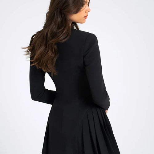 Load image into Gallery viewer, Autumn Black Blazer Mini Dress For Women Fashion V Neck Single-breasted Long Sleeve High Waist Pleated Sexy Dress
