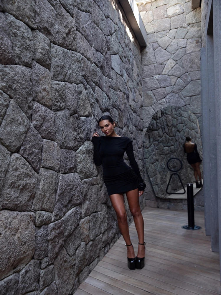 Autumn 2023 Long Sleeve Tight Dress For Women Sexy Backless Bodycon Mini Dress Fold Female Party Club  Evening Dress