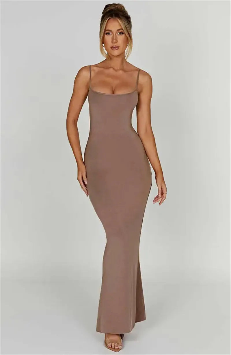 Spaghetti Strap Backless Bodycon Maxi Dress Women Autumn New Thickened Fabric Sleeveless Club Party Sexy Long Dress