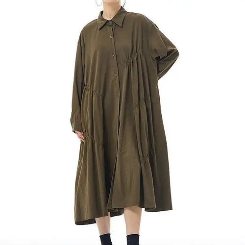 Load image into Gallery viewer, Women Coffee Pleated Spliced Big Size Midi Shirt Dress New Lapel Long Sleeve Fashion Tide Spring Autumn 2025 1DH7416
