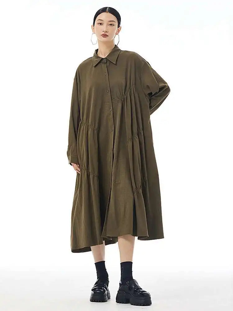 Women Coffee Pleated Spliced Big Size Midi Shirt Dress New Lapel Long Sleeve Fashion Tide Spring Autumn 2025 1DH7416
