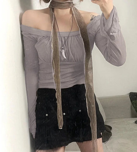 Korean Fashion Autumn T-shirts for Women Folds Flare Sleeve Cropped Top Solid Japanese Y2K Tee Shirts Sweats Clothing