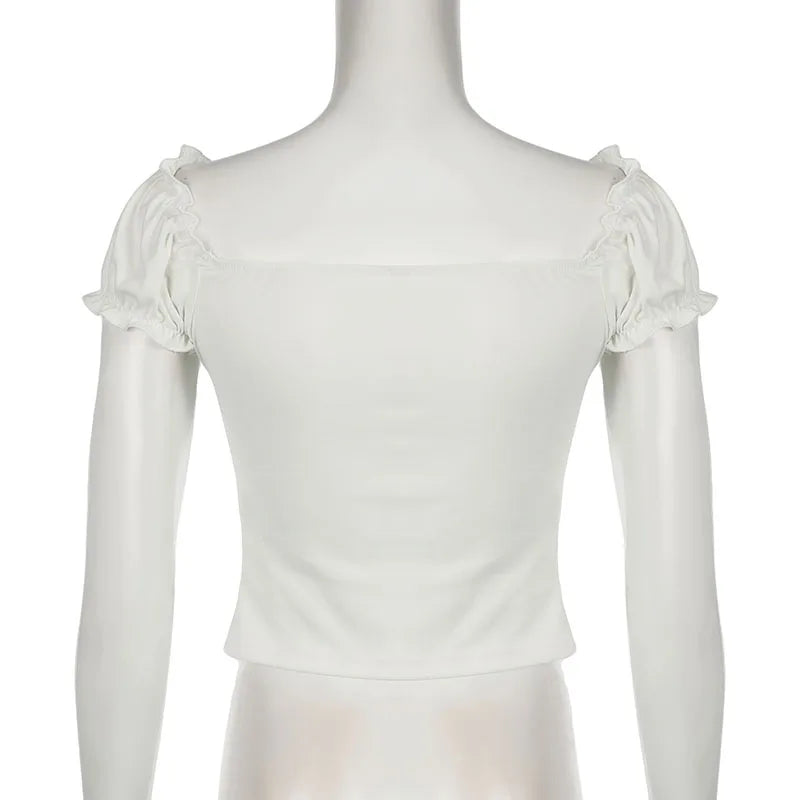 Korean Fashion White Square Neck Summer T-shirts Women Ruched Lace Spliced Buttons Sweet Crop Top Slim Coquette Tees