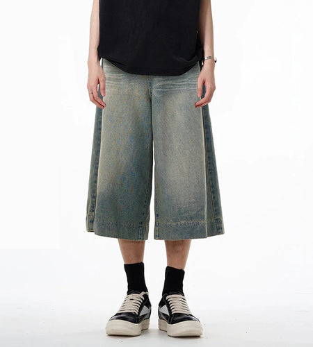 Male Denim Shorts American Wide Leg Cropped Jeans Summer Trend Trousers Loose Slim Washed Straight Pants 9W1461