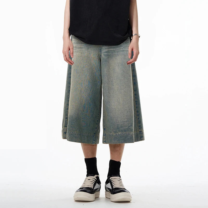 Male Denim Shorts American Wide Leg Cropped Jeans Summer Trend Trousers Loose Slim Washed Straight Pants 9W1461