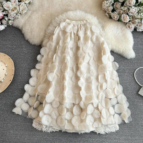 Load image into Gallery viewer, Solid 3d Flower Mesh Splicing Round Polka Dots Casual Skirt Spring Autumn Women Elastic High Waist Midi Skirt Kroean Style Trend
