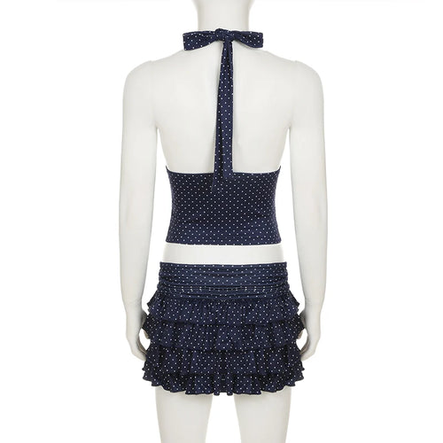 Load image into Gallery viewer, Holiday Style Polka Dot Two Pieces Set Women Sexy Mini Backless Halter Camis+Multi Layered Cake Short Skirts Y2K Chic
