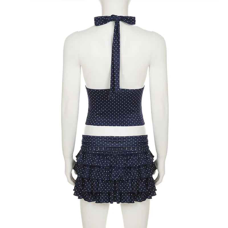 Holiday Style Polka Dot Two Pieces Set Women Sexy Mini Backless Halter Camis+Multi Layered Cake Short Skirts Y2K Chic