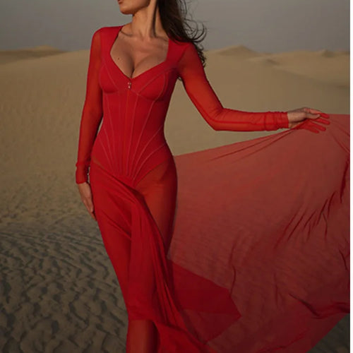 Load image into Gallery viewer, Sexy Mesh Perspective Long Sleeved Pants Women's Jumpsuit 2024 Summer Tight Jumpsuit V-neck Jumpsuit Vacation Beachwear
