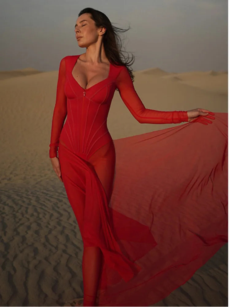 Sexy Mesh Perspective Long Sleeved Pants Women's Jumpsuit 2024 Summer Tight Jumpsuit V-neck Jumpsuit Vacation Beachwear