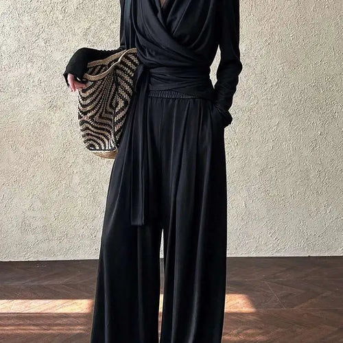 Load image into Gallery viewer, Bandage Elegant T-shirt Wide Leg Pants Two Piece Suit New V-Neck Long Sleeve Women Fashion Tide Spring Autumn 2025 1DJ0103
