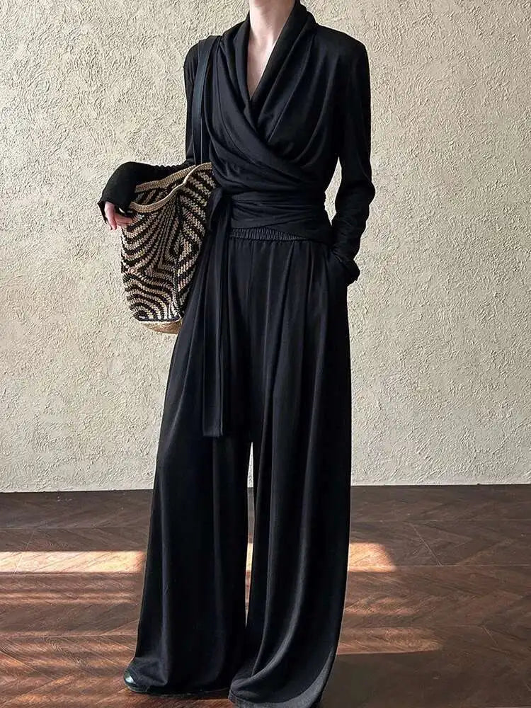 Bandage Elegant T-shirt Wide Leg Pants Two Piece Suit New V-Neck Long Sleeve Women Fashion Tide Spring Autumn 2025 1DJ0103